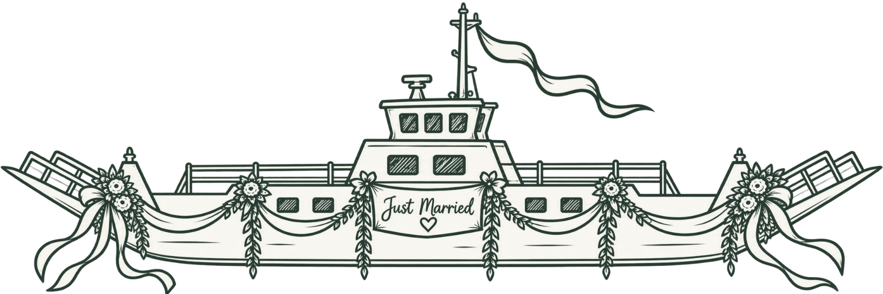 Illustration of the Portaferry ferry decorated with flowers, ribbons and a ‘Just Married’ banner