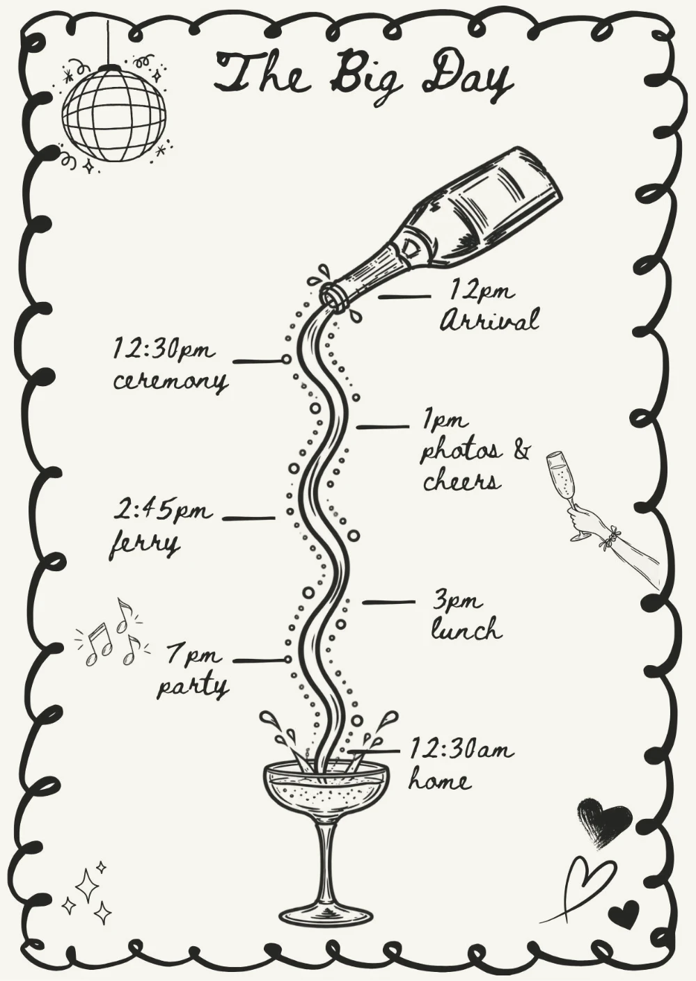 Hand-drawn timeline titled ‘The Big Day’, with champagne pouring from a bottle into a glass.