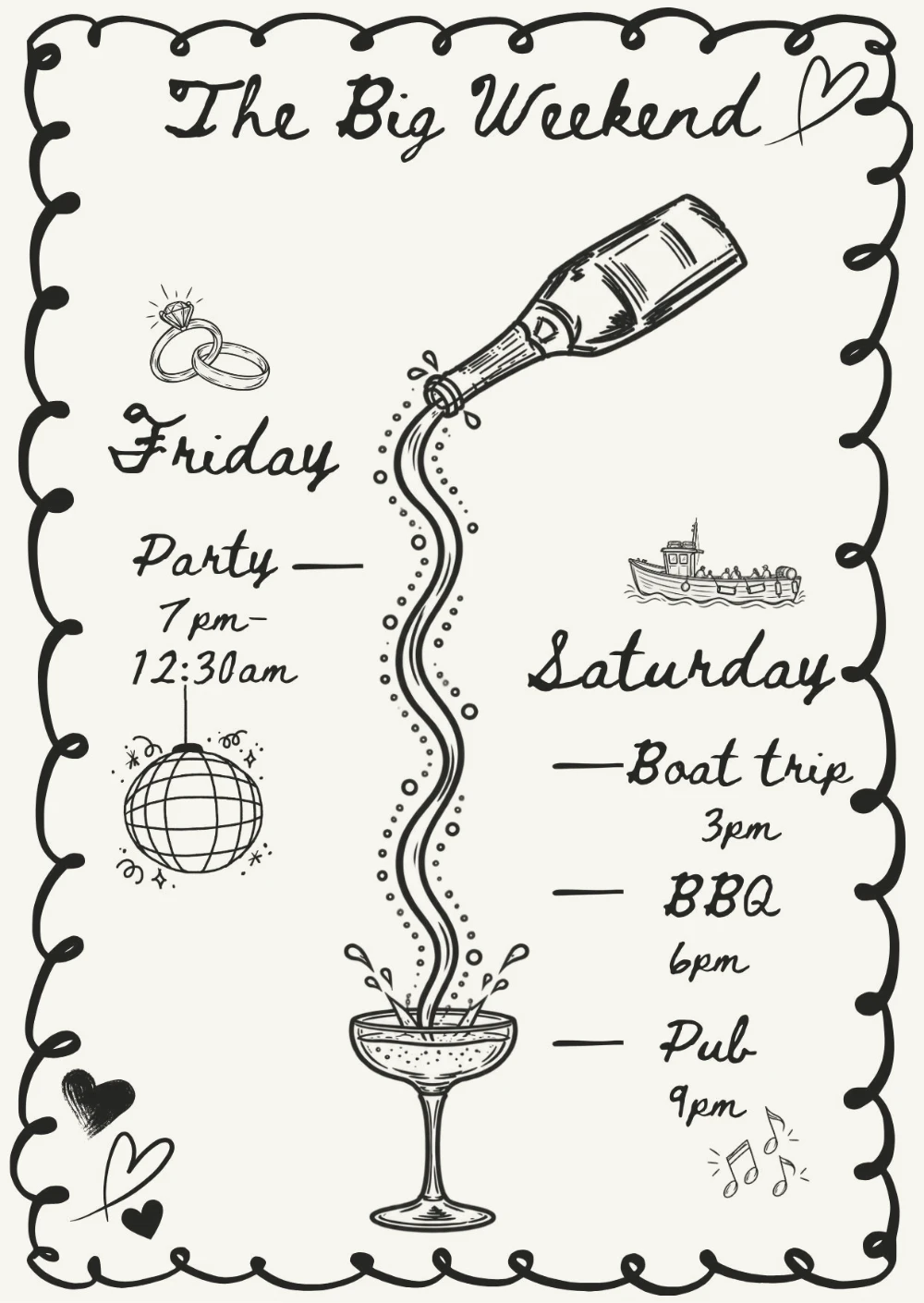 Hand-drawn timeline titled ‘The Big Weekend’, with champagne pouring from a bottle into a glass.